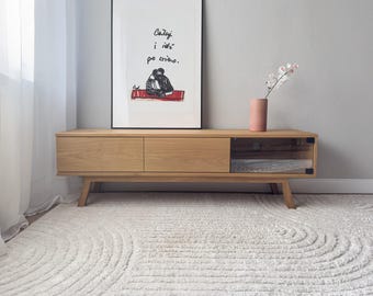 Solid Oak TV Stand LOA, Scandinavian Media Console with Glass Door
