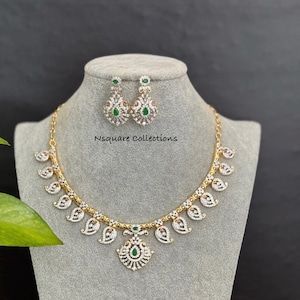 CZ Diamond Necklace Set: Gold Two-Tone South Indian Jewelry