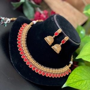 Antique Gold Meenakari Necklace Set: Jhumka Earrings, Bridal Jewelry