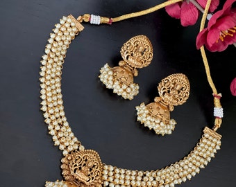 Antique gold finished Lakshmi necklace set with matching Earrings / Clustered pearl temple jewelry set / Guttapusalu Necklace set
