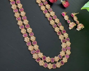 Two layered polki haram necklace with matching jhumka earrings set /  Temple jewelry / polki necklace / Bridal Jewelry