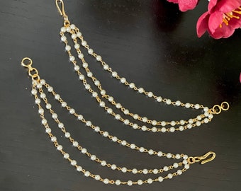Restocked-Simple cute three layered pearl Ear chain / A Pair Earrings Accessories / Antique Kaan chain / Mattal/ jhumka earrings chain