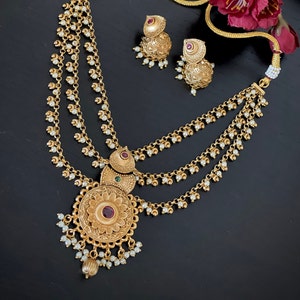 Antique Gold Bridal Necklace Set: Pearl Kemp Temple Jewelry