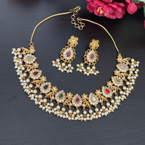 Navaratna necklace set/ Antique Matte gold finished AD Necklace set with matching earrings / Temple jewelry /Guttapusalu set