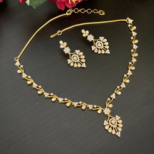 Simple elegant AD necklace set / Mini Diamond necklace set / Temple jewelry / Mini Bridal necklace / Traditional cute necklace