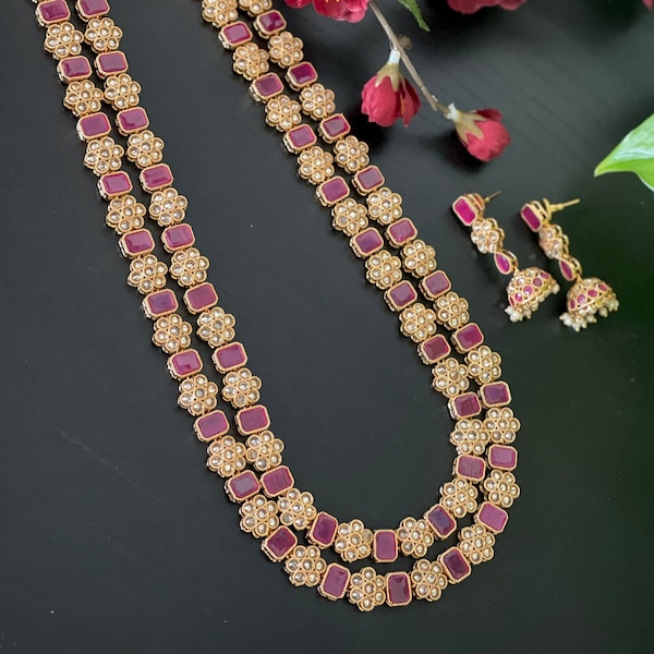 Two layered polki haram necklace with matching jhumka earrings set /  Temple jewelry / polki necklace / Bridal Jewelry