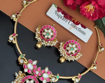 Halskettenset mit Kundan-Anlehnung in mattem Gold – Eleganter Partyschmuck