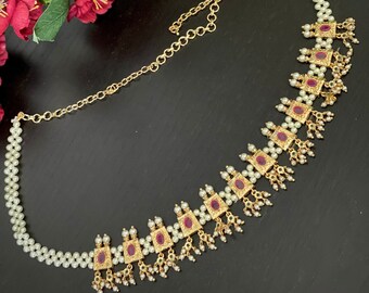 Gold finished Ruby Pearl Kamarbandh / Kamarpatta/  waist chain/ South Indian Jewelry / Ethnic hip chain/ Belly chain / Vaddanam