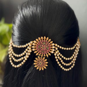 Tree Motif Juda pin/Hair Brooch/Jadai Billa in Gold Plated Traditional with Accents and Dangling Pearls for Women