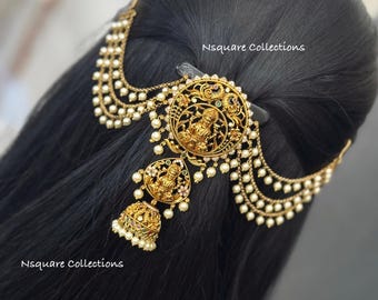 Antique Lakshmi Hair Pin: Gold Jada Billa with layered pearl Chain
