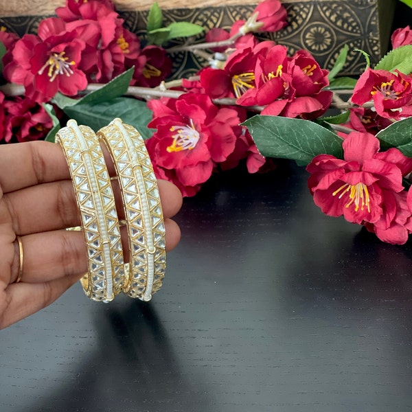 A pair of kundan pearl bangles in size 2.4 & 2.6  / Wedding bangles / Indian Jewelry  / simple Kundan bracelet