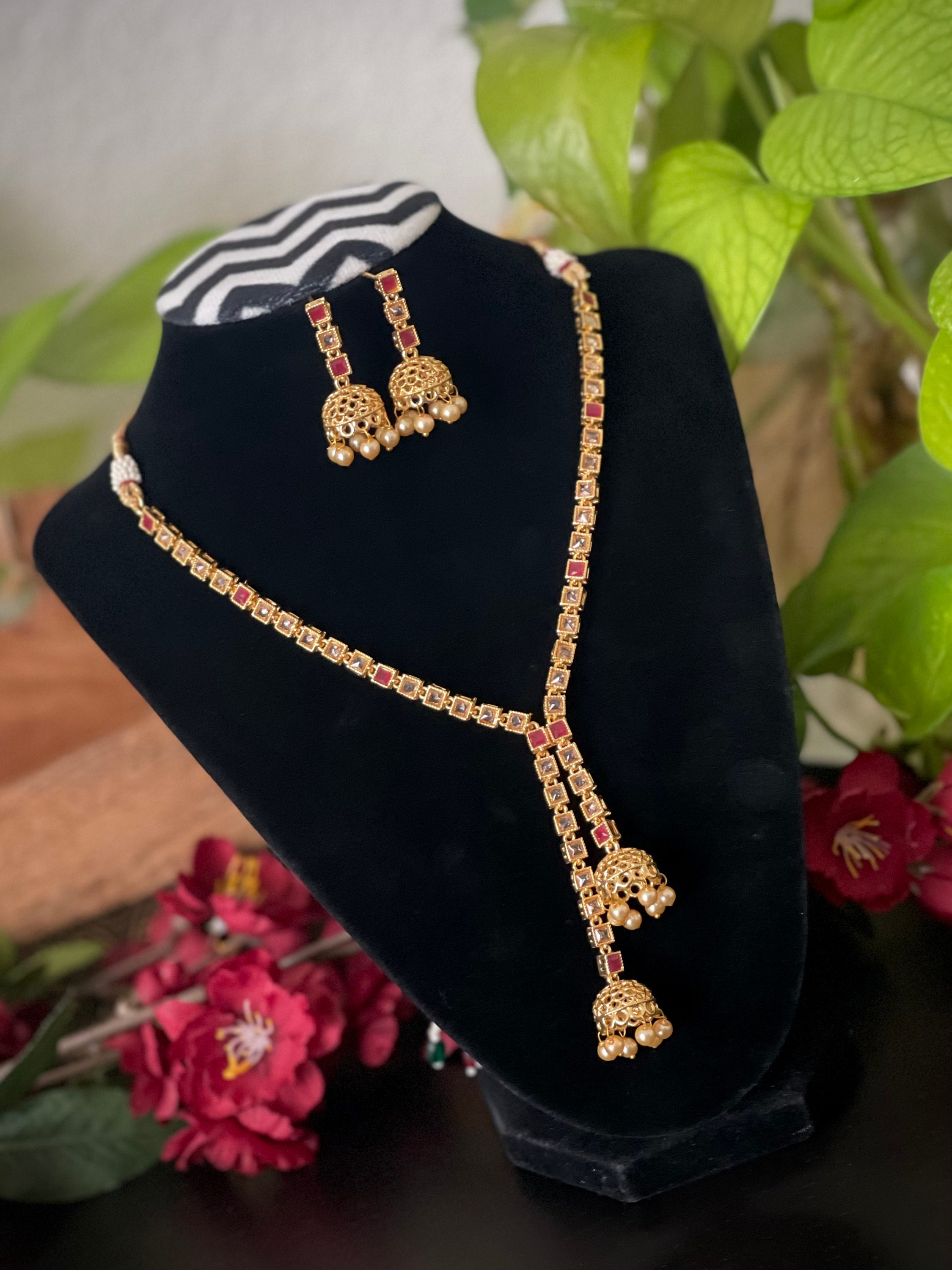 Simple Gold Finished Polki Jhumka Necklace Set With Matching 