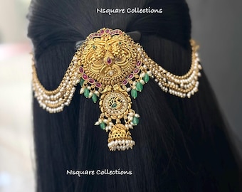 Antique Kemp Stone Hair Pin: Gold Jada Billa with emerald beads and pearl Chain