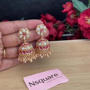 Gold fertig Rubin / Smaragd Perle Ghungroo Jhumkas / Jhumki Ohrringe / Braut Ohrringe / Tempel Jhumka Ohrringe