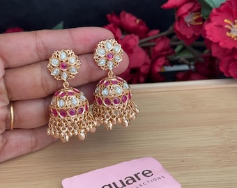 Gold Finished Ruby Emerald Jhumka Earrings: Bridal Temple Jewelry