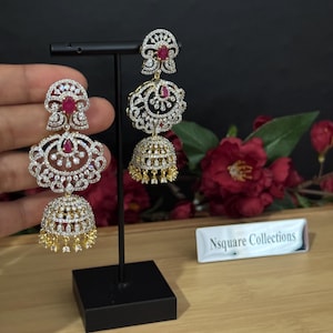 CZ Diamond Jhumka Earrings: Two-Tone Gold Bridal Dance Jewelry
