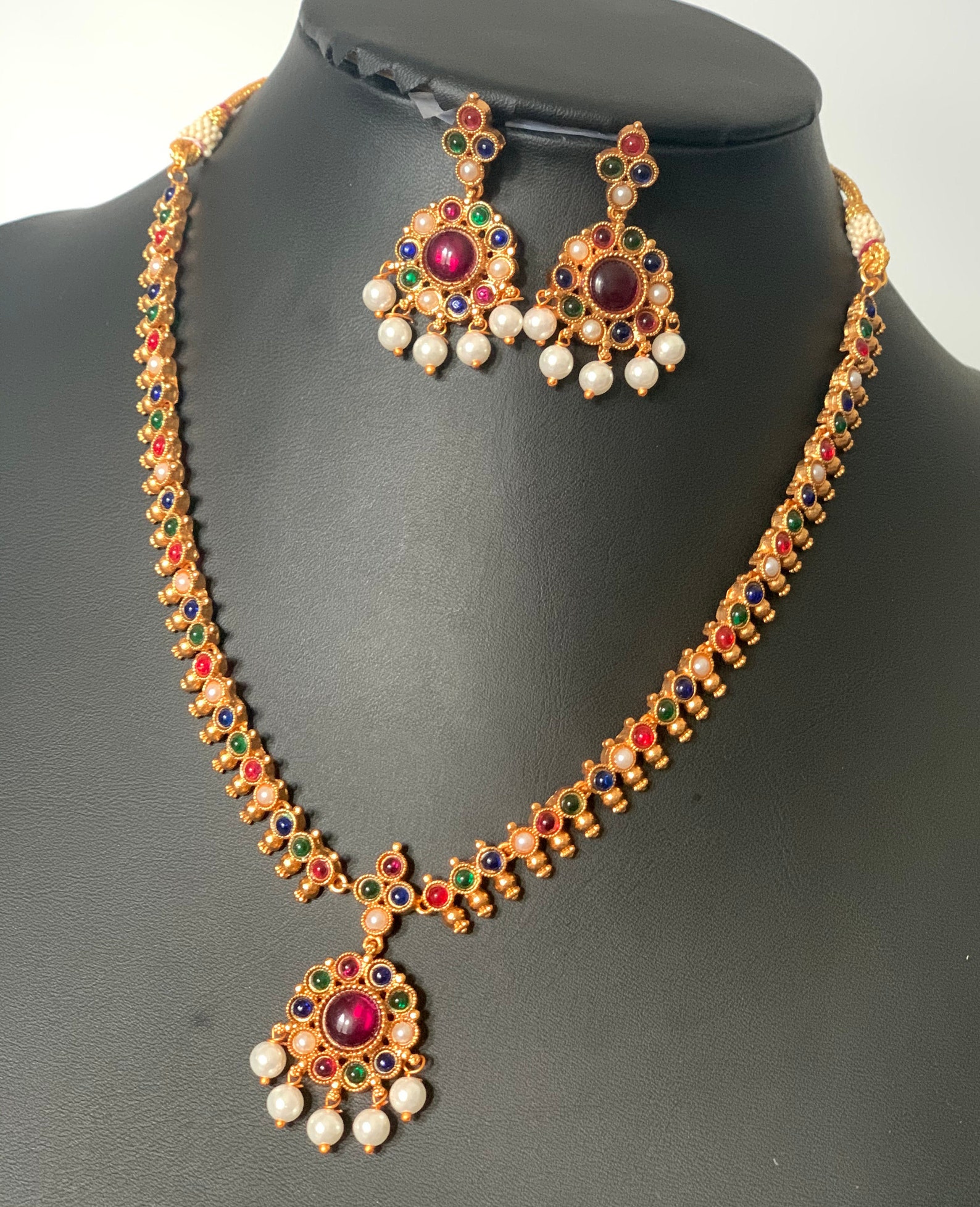 Navaratna necklace set/ simple Antique Matte gold finished | Etsy