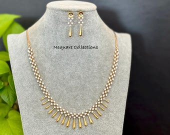 CZ Diamond Necklace Set: South Indian Style, Two-Tone Gold Finish