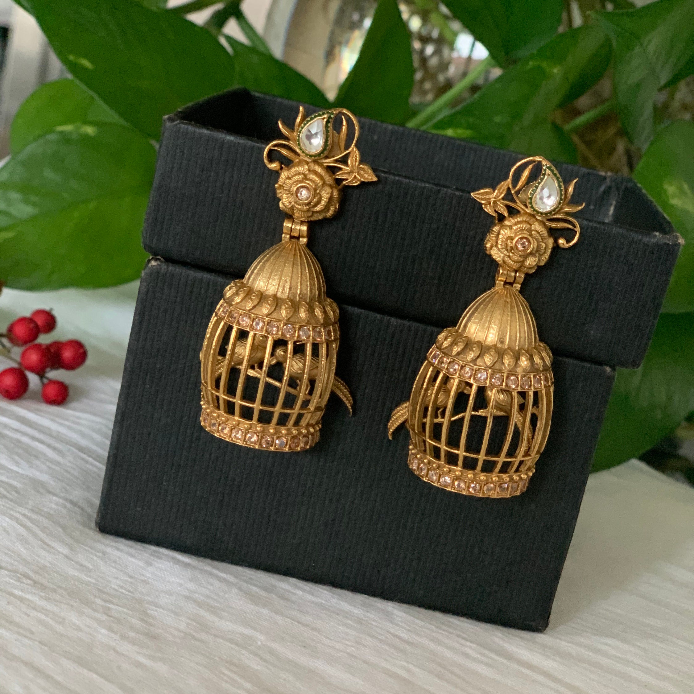 Matte Gold Finished Bird Cage Jhumkas indian Jewelry women Jhumki