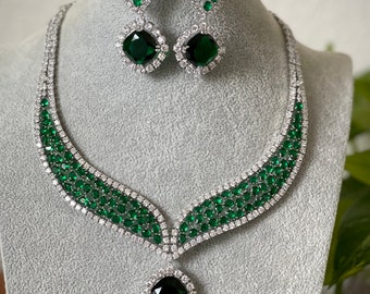 Emerald Diamond necklace set /Bridal Jewelry/ AD Necklace set  / Silver finished Traditional Choker Necklace Set /Diamond necklace