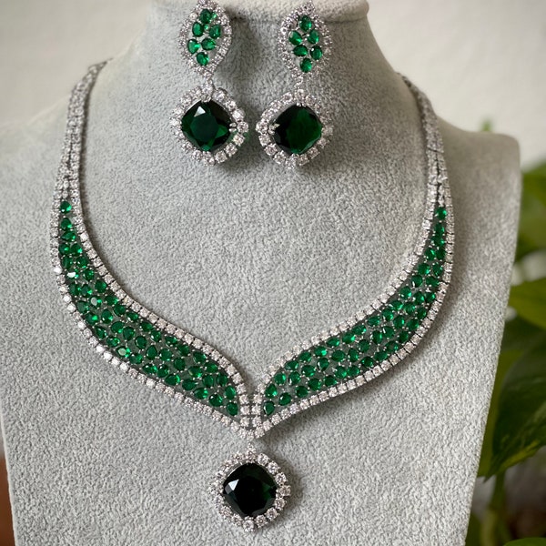 Emerald Diamond necklace set /Bridal Jewelry/ AD Necklace set  / Silver finished Traditional Choker Necklace Set /Diamond necklace