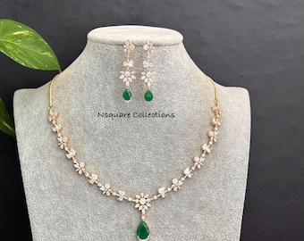 CZ diamanten halskettingenset: Zuid-Indiase stijl, tweekleurige gouden afwerking - AD-halsketting