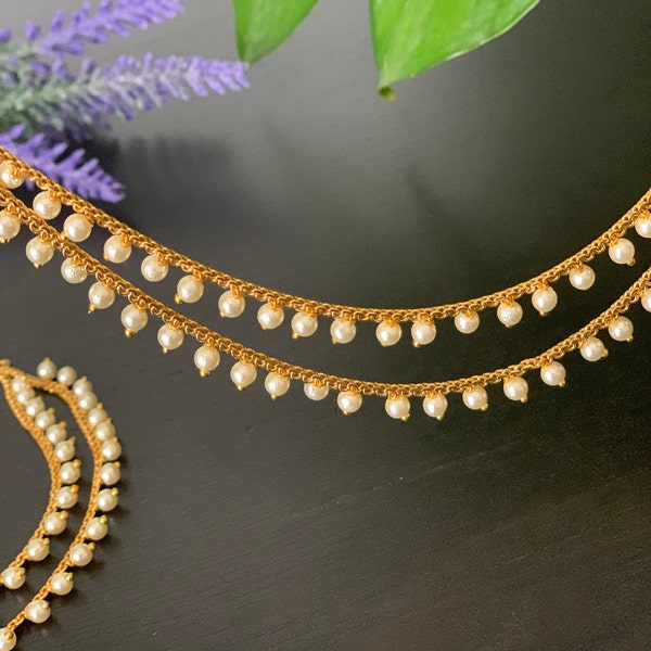 Gold finished two layered pearl Ear chain /Traditional Earrings Accessories / A Pair of Antique Kaan chain / Mattal/ jhumka earrings chain