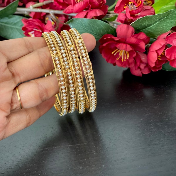 A set of 4 simple antique Gold finished pearl Bangles / Temple Jewelry / Pearl bangles  /   Pearl bangles  in size 2.2 , 2.4 & 2.6