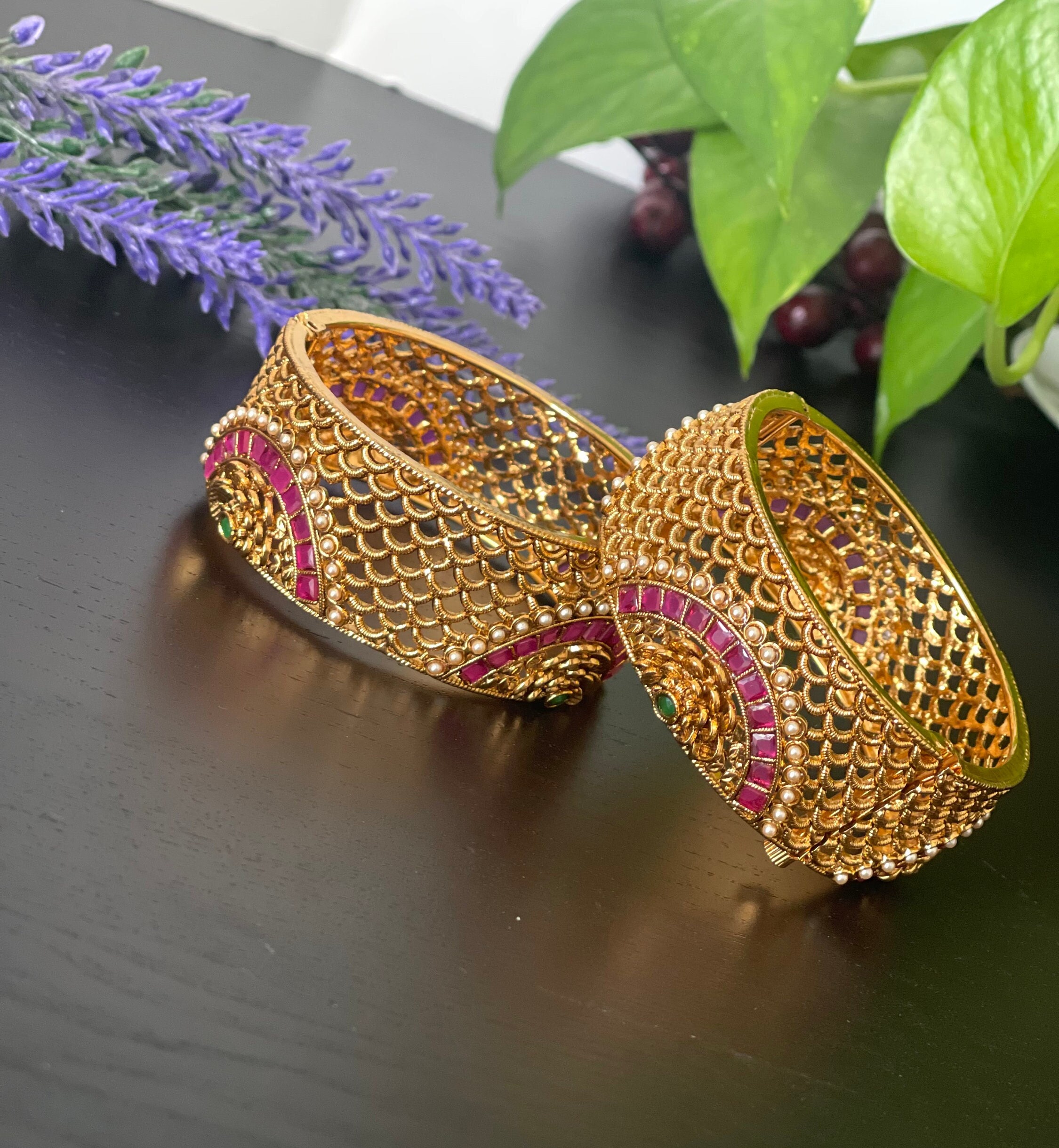 A Pair of Antique Gold Plated Openable Kemp Pearl Bangles bracelets Wedding bangles Temple Jewelry Nagas Bracelet Bangle