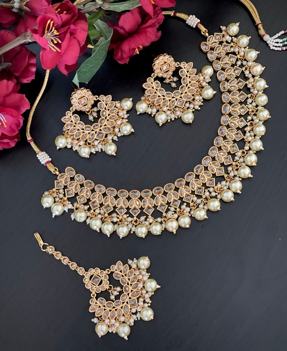 Pink Antique Gold Polki Bridal Choker Necklace Set With Jhumka -  Israel