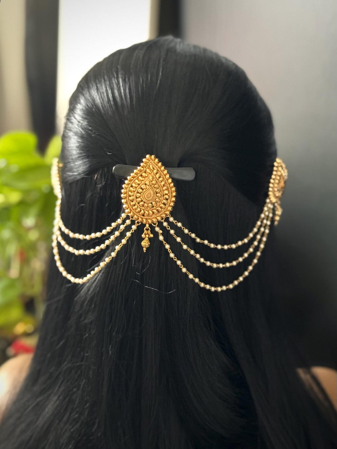 Antique Gold Plated Hair Pin: Pearl Indian Bridal Hair Clip
