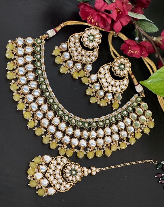 Kundan Necklace Set Yellow Beads Kundan Necklace and Matching