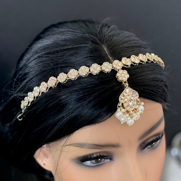 Kundan Head band / Sheesh Phool tikka /  Damini / Gold Kundan Matha Patti / Bollywood Hair Piece Tikka / Indian Bridal jewelry/