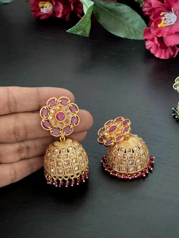Gold Finished Polki Jhumkas indian Jewelry women Jhumki Earrings