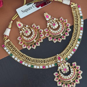 Ruby Kundan Jalebi Necklace Set: Nakshi Attigai Jewelry