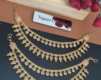 A Pair of Gold finished layered Polki pearl Ear Chain – Traditional Jhumka Earring Accessory