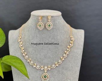 CZ Necklace Set: Gold AD Bridal Jewelry with Earrings