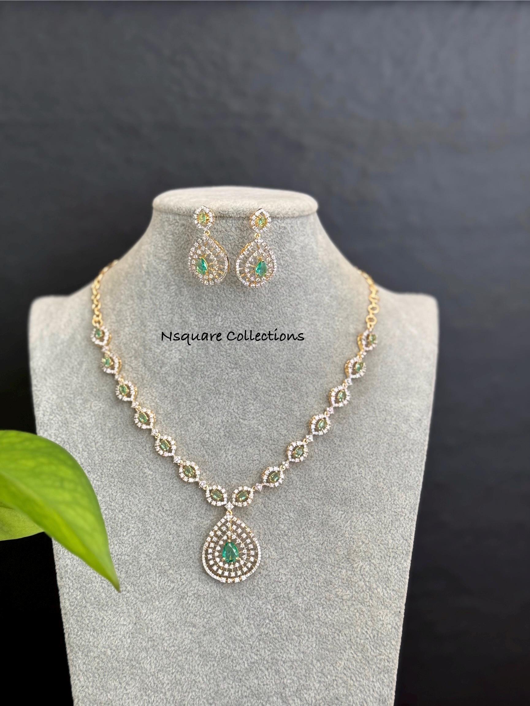 CZ Diamond Necklace Set: Gold Two Tone South Indian Jewelry
