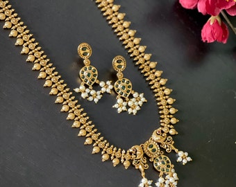 Antique haar / Simple kemp Haram/  Bridal Jewelry/South Indian Jewelry/ Temple jewelry / Ruby Guttapusalu necklace / Haar