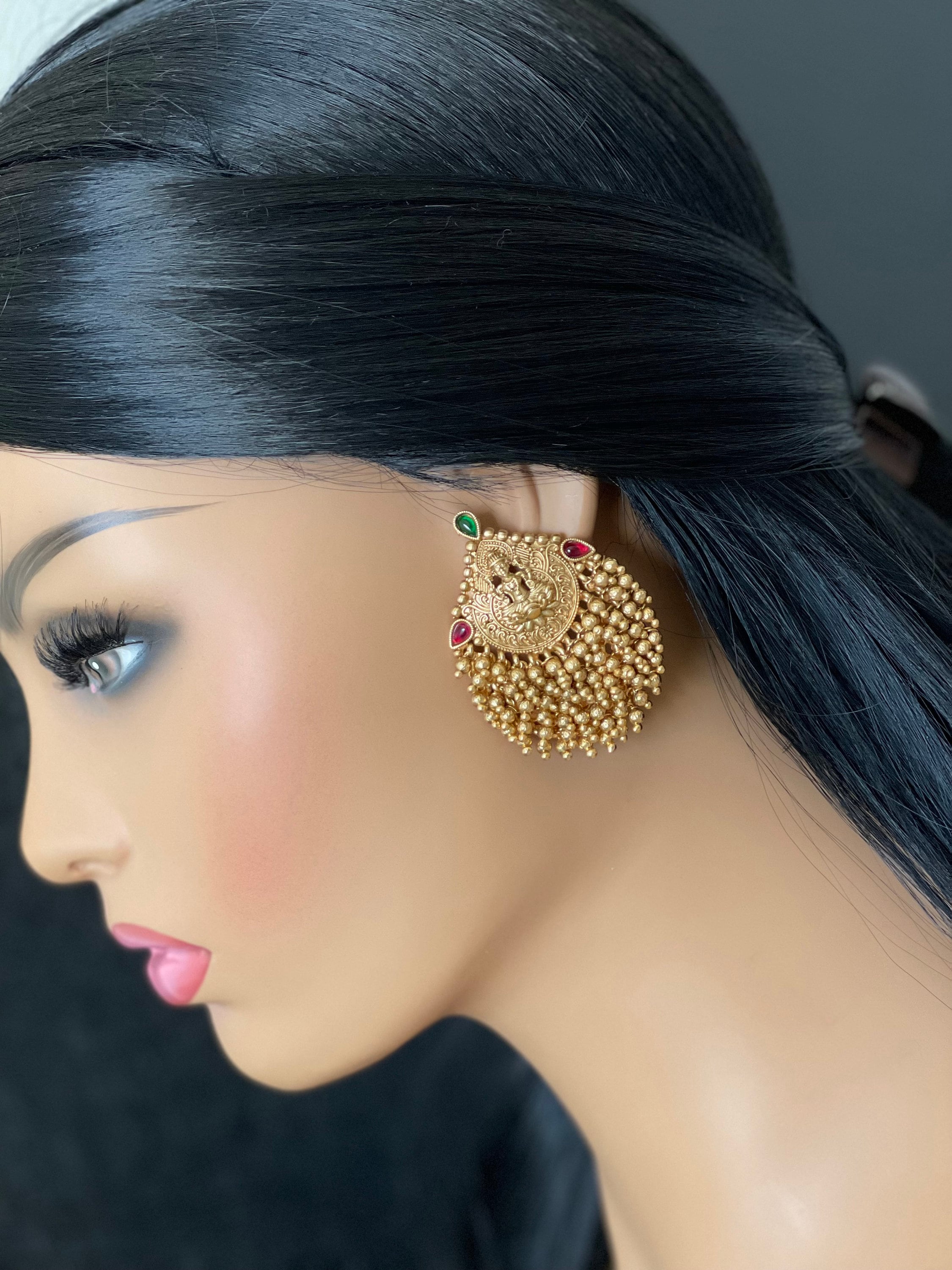 Antique Matte Gold Finished Lakshmi Devi Stud Earrings Temple