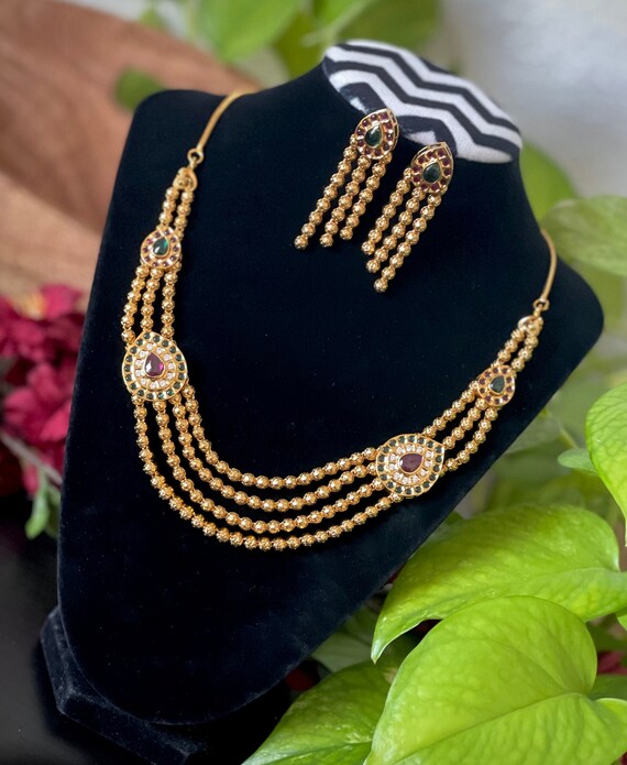 Antique Layered Necklace Set Pearl Kemp Set Temple Jewelry Bridal Necklace Traditional Cute Necklace Etsy