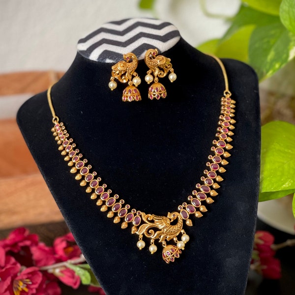 Antique Gold finished Peacock kemp necklace set /South Indian Jewelry /  Temple jewelry / AD necklace set