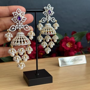 CZ Diamond Jhumka Earrings: Two-Tone Gold Bridal Jewelry