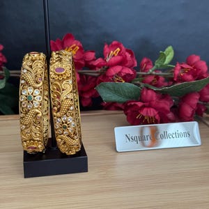 A pair of antique matte Gold finished Bangles / kemp Bangle Set/ Indian Jewelry/  Indian Bangle / Ruby bangles  in size 2.4/ 2.6 & 2.8