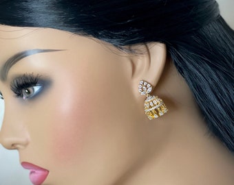 Kleine schattige AD tweekleurige Jhumkas / Indiase oorbellen / Bollywood-sieraden / Zilveren CZ-stenen oorbellen / Bruidsoorbellen / Danssieraden