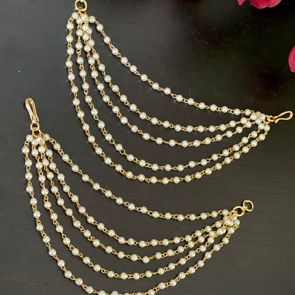 Simple delicate cute five layered pearl Ear chain /Traditional Earrings Accessories / A Pair of Kaan chain / Mattal/ jhumka earrings chain