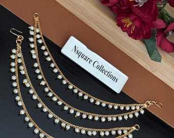 Gold Finished Pearl Ear Chain: Traditional Indian Jewelry