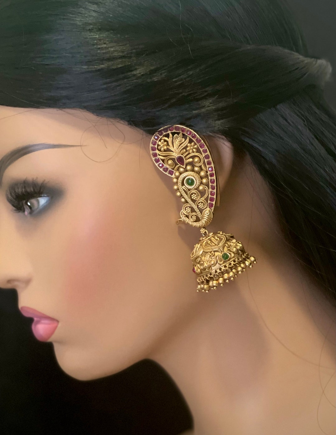 Antique Matte Gold Finished Kemp Jhumkas With Attached Ear Cuffs