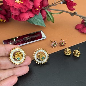 Interchangeable AD Stone Stud Earrings: Ethnic Temple Jewelry, 3 Designs