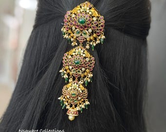 Broche antiguo de oro con forma de pavo real para el cabello: broche nupcial indio de piedra Kemp.